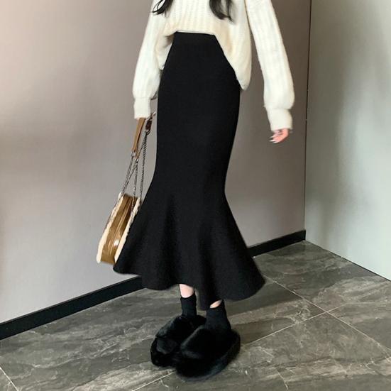 Women Fishtail Skirt High Waist Hip Wrapped Midi Skirt Solid Color Slim Fit Autumn Winter Knitting A-Line Skirt