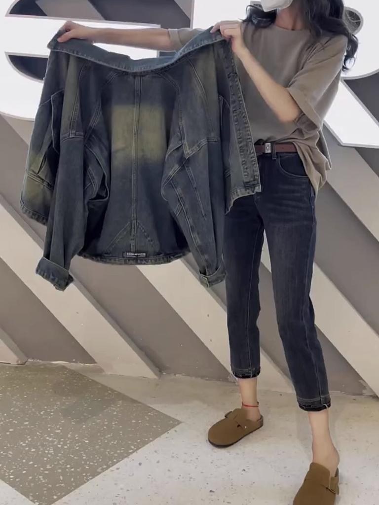 Women's Point Collar Long Sleeve Denim Jacket Loose Fit Elegant Commuter Outerwear Coat