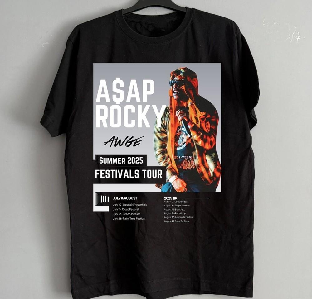 

Новая футболка ASAP Rocky Tour 2025 Мужская Черная S-235XL 20D184 Унисекс Футболка Футболка с принтом M