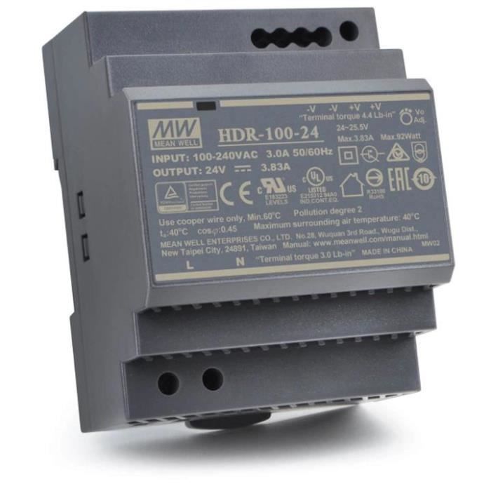 Alimentation AC-DC MEAN WELL HDR-100-24 ultra-mince pour rail DIN - 24VDC à 3,83A