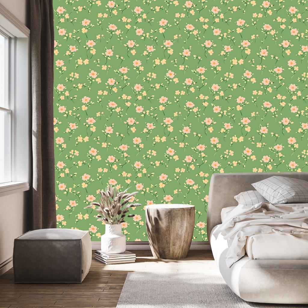 Cottagecore Flowers Wallpaper Green, Lime and Beige 50x1000