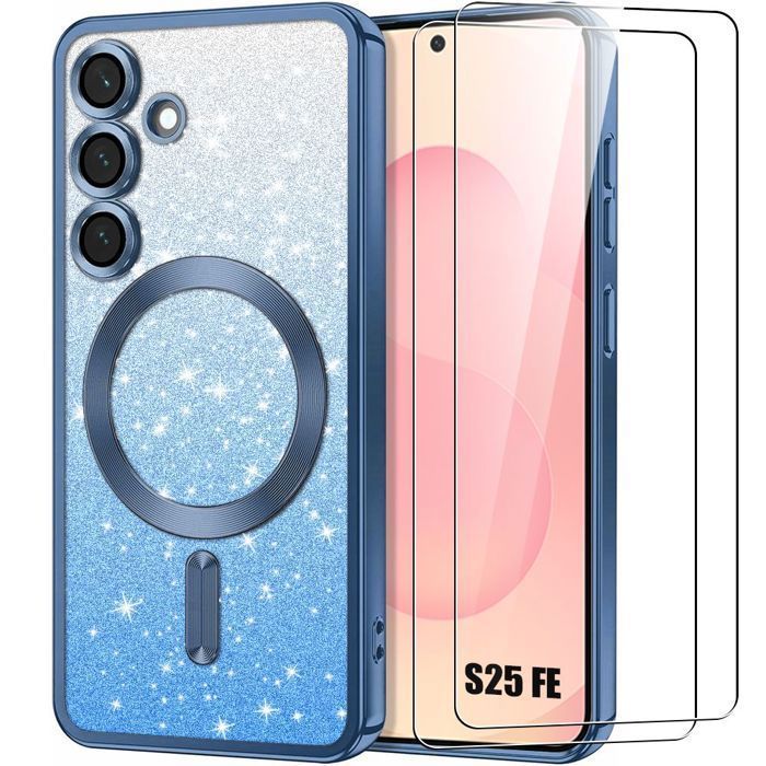 Coque de Protection - BOOLING - pour Samsung Galaxy S25 FE - Silicone Plaquée - Bleu Pailleté - 2 Verres Trempés