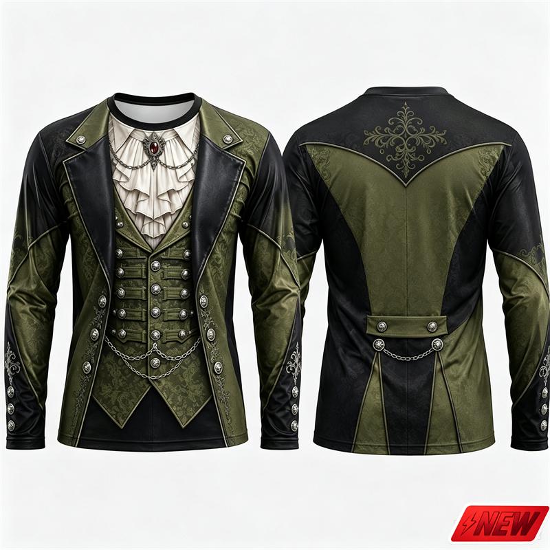 Gothic Vampire Costume Long Sleeve T‑Shirt Men 3D Print Fake Jacket Shirt Graphic Novelty Tee Halloween Cosplay Party Top