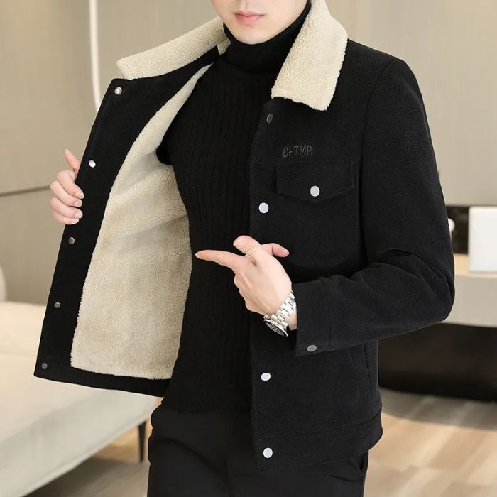 Men's Autumn and Winter Lapel Jacket, Solid Color Sheepskin Woolen Coat with Fur Collar and Fleece Warm Middle-aged Jacket