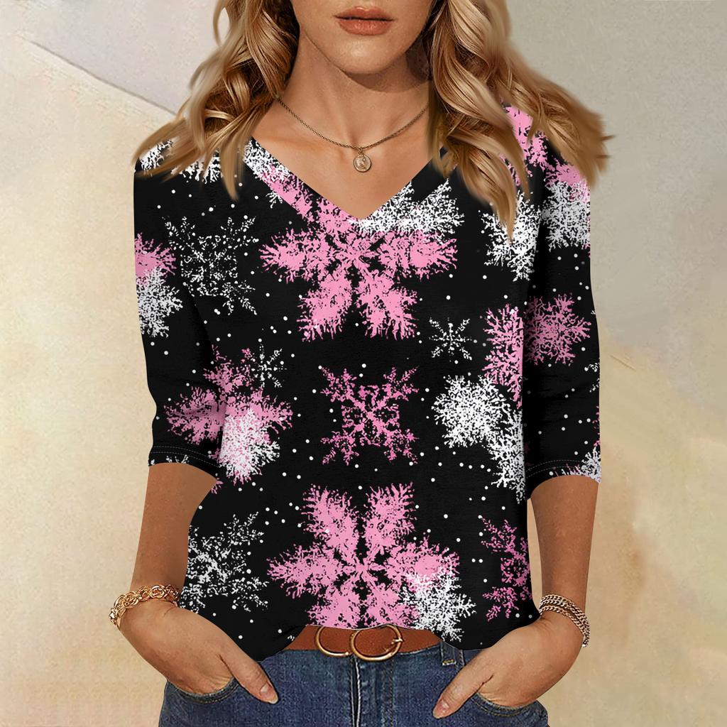 Women's T Shirt CHristmas Print 3/4 Sleeve Daily Weekend Fashion Basic V- Neck Regular Top