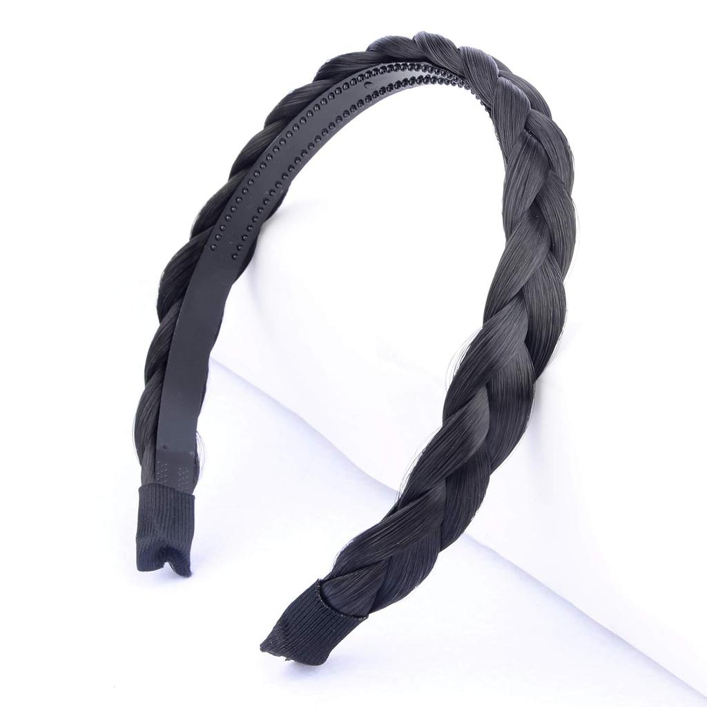 Plaited Braided Headband Hair Band Synthetic Braid with Teeth Accessories for Women Girl Wide 0.7 Inch (Natural Black)