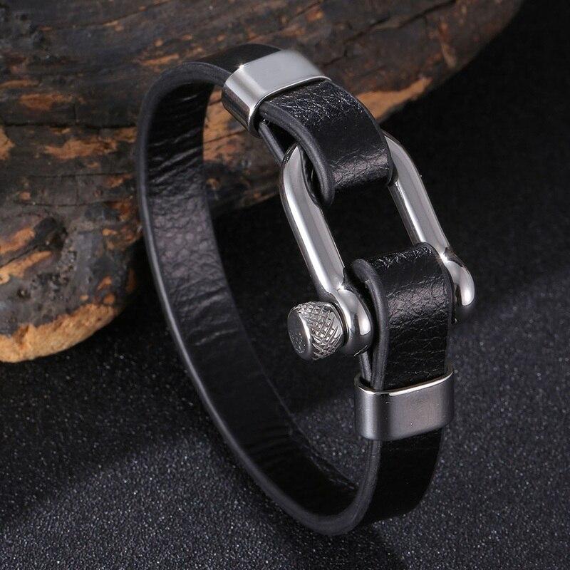 Fashion Shackle Bracelets Men Leather Rope Chain Stainless Steel Survival Button Bracelets For Women Navy Style Jewelry