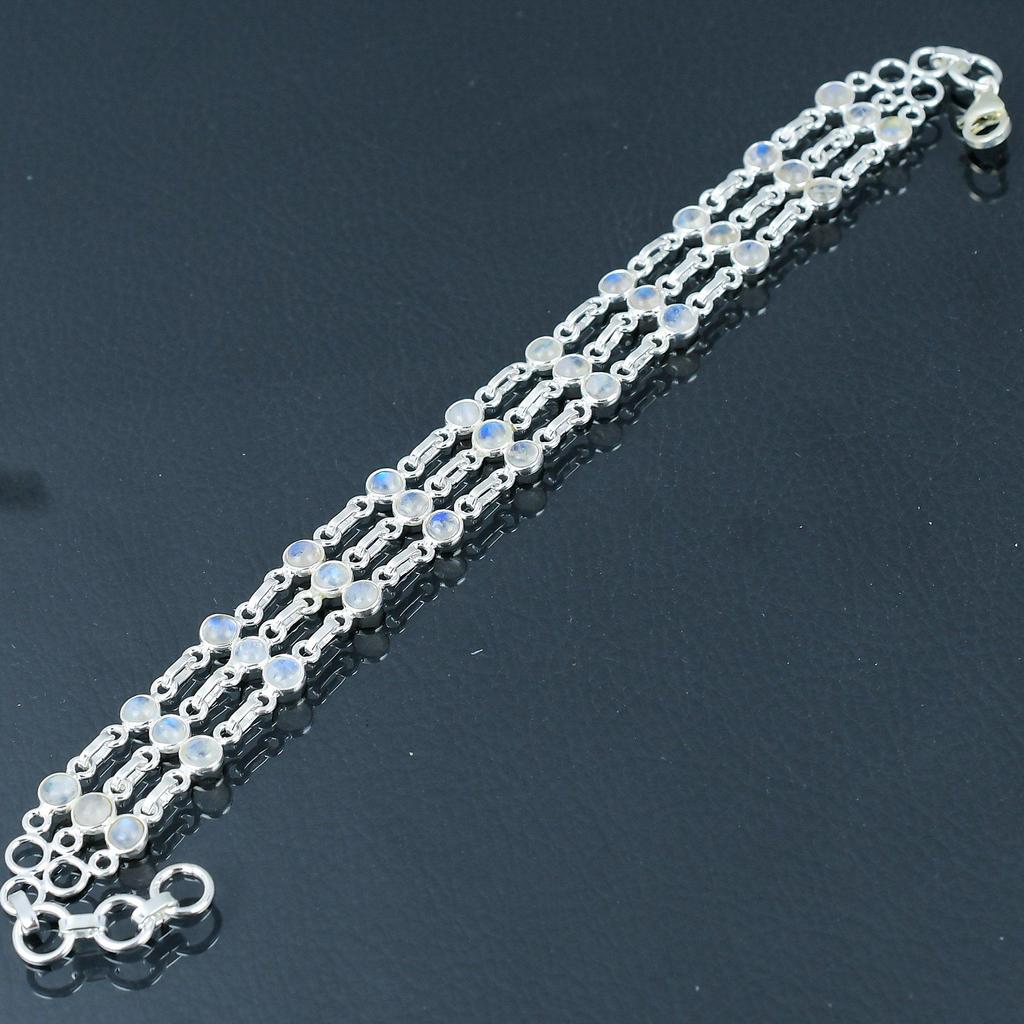 Natural Rainbow Moonstone Gemstone Bracelet, 925 Sterling Silver, Link Chain Bracelet, Handmade Bracelet Jewelry Gift For Valentine's Day