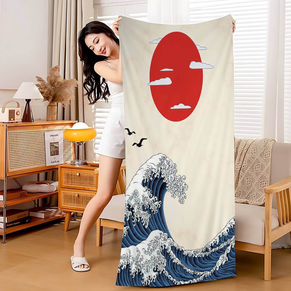 Wave Landscape Japanese Wall Art Beach Towel Bath Towels for Girl Microfiber Quick Dry Custom Sand Free Beach Yoga Spa Gym Pool