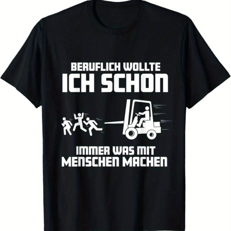 Summer Unisexs Forklift Operator Round Neck Tshirt with GerUnisex Text Forklift Print Black Casual Street Cotton Short Sleeved Shirt