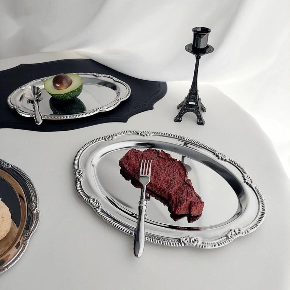 New Embossed Silver Tray Silver Oval Storage Tray Snack Plate Desserts