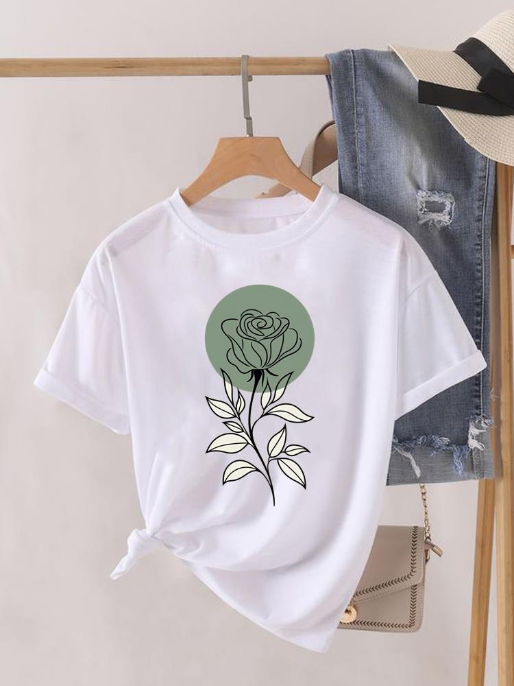 (Asian Size) Sweet Flower Printed Clothing Lady Female Top Casual T Shirt Fashion Short Sleeve T-shirts Women Graphic Tee