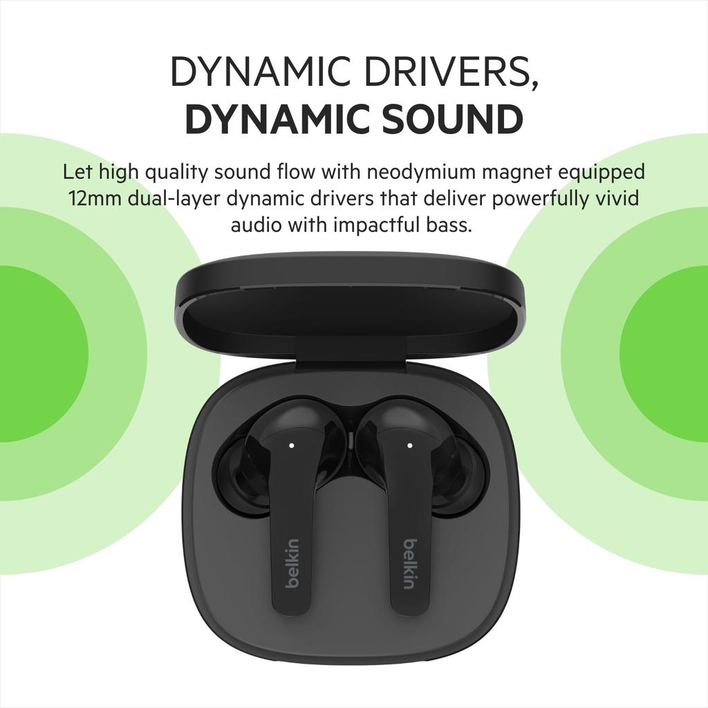Belkin SOUNDFORM Flow True Wireless Earbuds with Bluetooth 12mm Ambient Sound Call Noise Up to 31 Hours of Music Qi Wireless Black ANC, 5.2, Drivers,