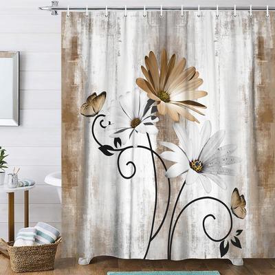 Rustic Farmhouse Shower Curtain - Farmhouse Style Tan Cream Daisy Floral and Butterfly Pattern, Bathroom Rustic Wood Background