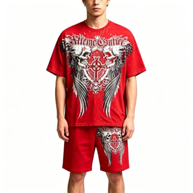 Summer Fashion Casual Retro Skull Angel Wing Printed Round Neck Short Sleeved T-Shirt And Shorts Set Men's and Women's T-shirt Shorts Set