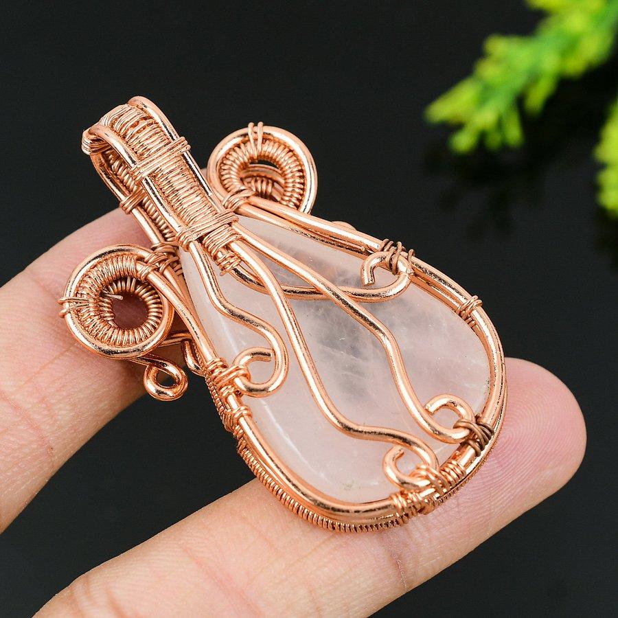 Natürlicher Rosenquarz Edelstein Handarbeit Kupferdraht Wickel Geschenk Anhänger 2.17 E7O93