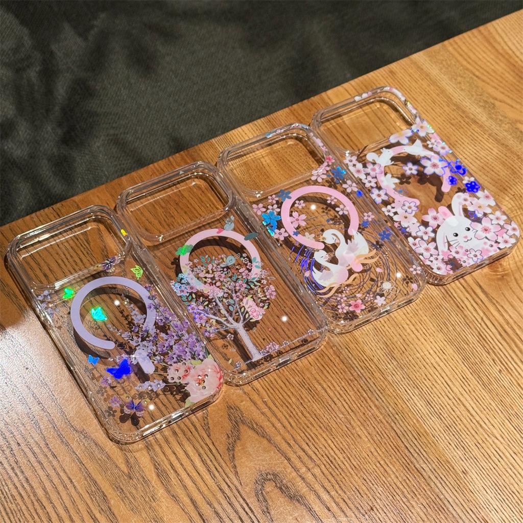 For IPhone 17 ProMax Laser Color Change N52 Magnetic Phone Case for Apple 16 Transparent Cherry Blossom Protective Cover