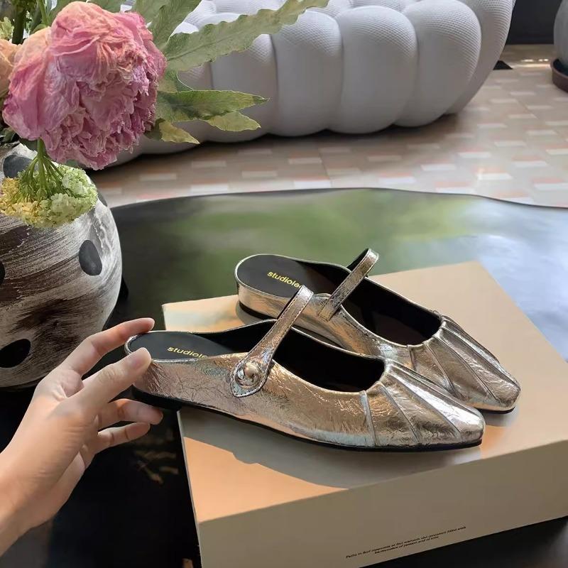 Sheepskin square head folds inner height increase single shoes bag head half slippers women's one-word with shallow mouth Mary Jane shoes