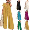 Women's Color V-Neck Jumpsuit - Single Button Front Casual Loose Fit with Pockets