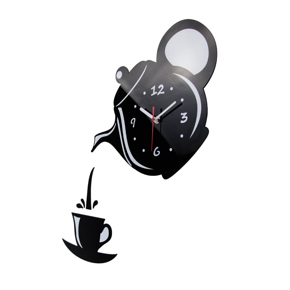 Kreative Mode Teekanne Acryl Spiegel Wanduhr - DIY Leise Dekorative Uhr für Wohnzimmer oder Schlafzimmer