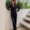 Womens Satin Pajamas Set Button Down Long Sleeve Top And Long Pants Sleepwear Set Oversized Casual Plaid 2 Piece Lounge Set