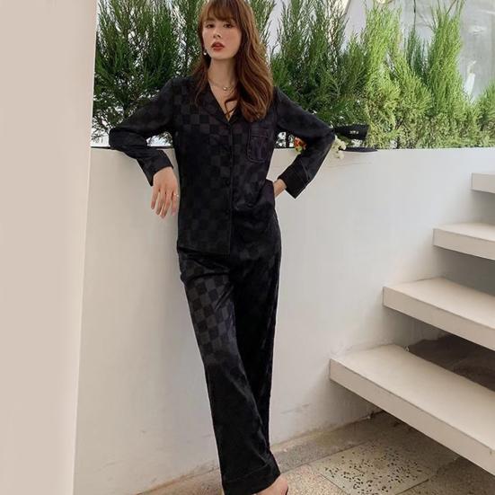 Womens Satin Pajamas Set Button Down Long Sleeve Top And Long Pants Sleepwear Set Oversized Casual Plaid 2 Piece Lounge Set