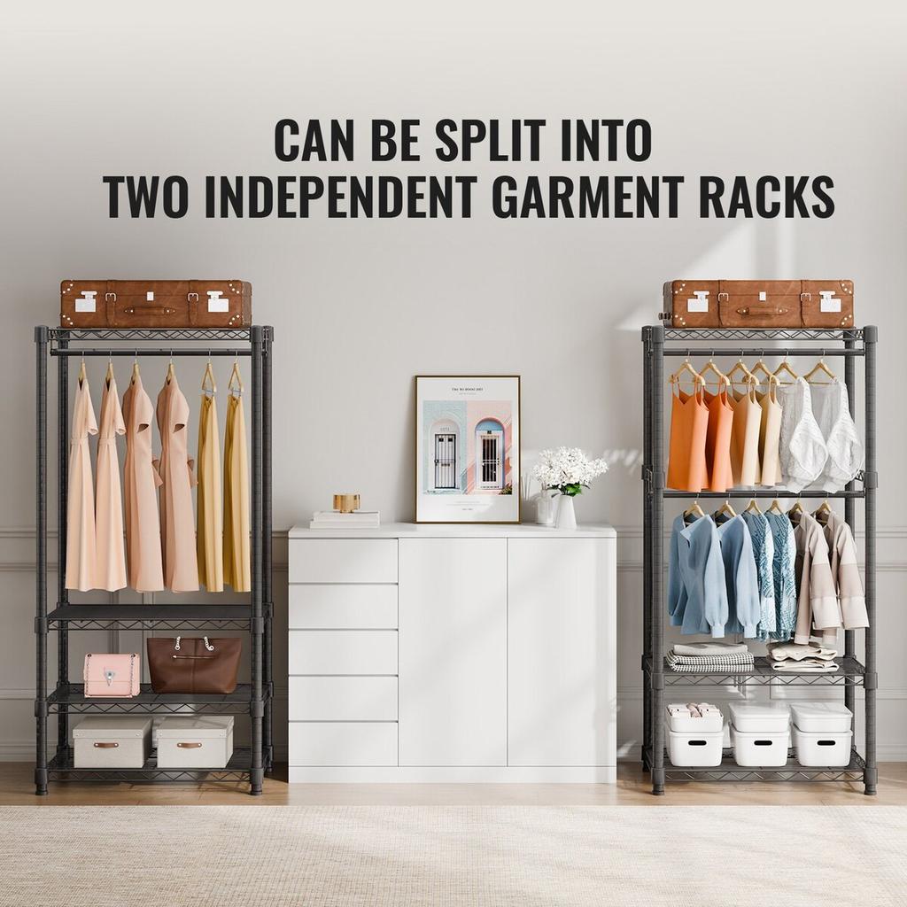 Heavy Duty Clothes Rack, Rolling Clothing Garment Rack with 4 Hang Rods & 8 Storage Tiers, Adjustable Custom Closet Rack, Freestanding Wardrobe for