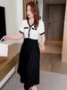 Chic French-Inspired Black V-Neck A-Line Dress - Slim Fit, Waist-Cinching, Casual Korean Style for Women, Perfect for Summer