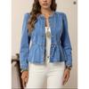 Women's Round Neck Long Puff Sleeve Denim Jacket Regular Fit Sweet Solid Color Cropped Blazer For Spring Daily Casual Outfit