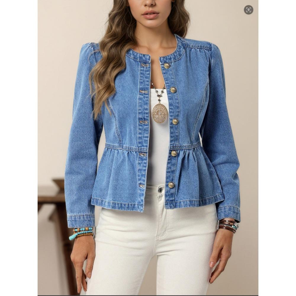 Women's Round Neck Long Puff Sleeve Denim Jacket Regular Fit Sweet Solid Color Cropped Blazer For Spring Daily Casual Outfit