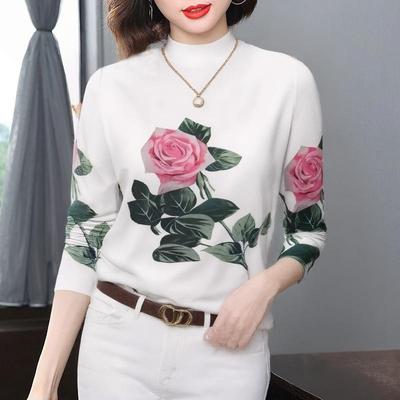 Women's Long Sleeve Rose Print Stand Collar Top - Plus Velvet, Thickened Base Layer for Middle-Aged and Elderly