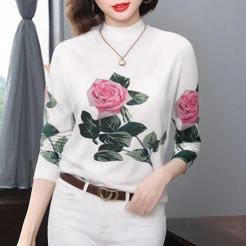 

Age-Defying Fleece-Lined Floral T-Shirt: Long-Sleeve Slimming Top for Middle-Aged Women Double Extra Large