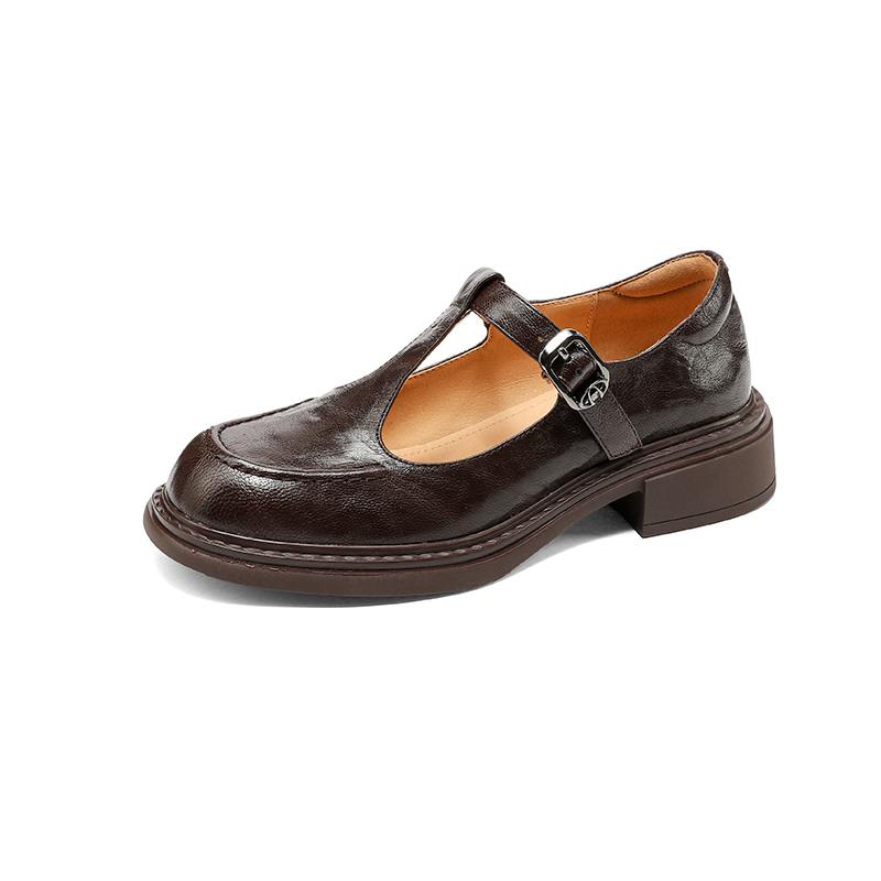 Krazing Pot Sheepskin Round Toe Size 42 Thick Med Heels Slip on Platform Gladiator Metal Buckle Autumn Pumps