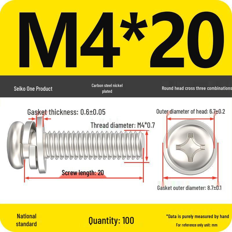 Nickel-Plated Phillips Pan Head Screw with Washer, M2-M6 Thread