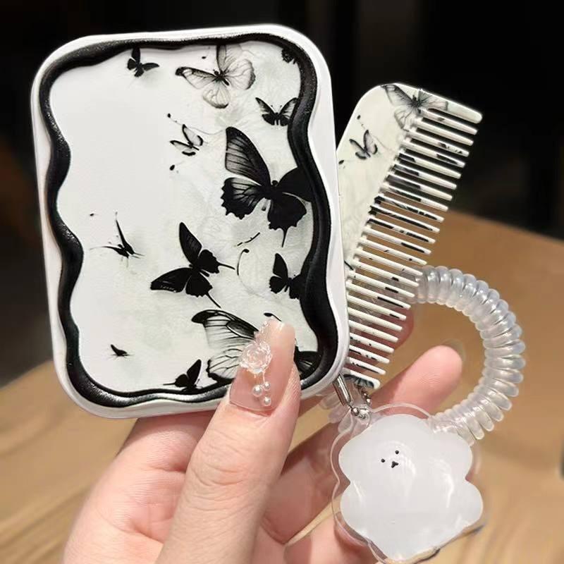Tinte Schmetterling Klappbarer Schminkspiegel Tragbarer Taschenspiegel Frauen Rechteckiger Kosmetikspiegel mit Kamm