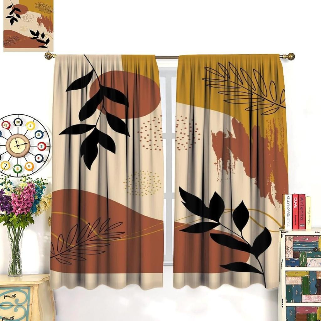 Mid Century Abstract Boho Orange Decor Curtain, Spring Summer Pink Green Nature Leaf Sun Modern Home Kitchen Livingroom Coffee