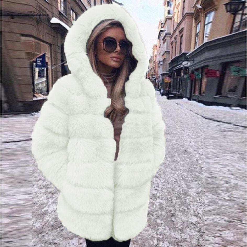 Women's Mid-Length Imitation Fox Fur Coat - Long Sleeve European & American Fashion Warm Overcoat