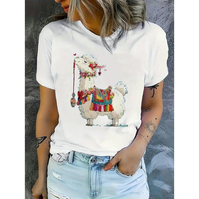 Womens Anime Llama Print T Shirt Casual Crew Neck Polyester Elastane Short Sleeve Regular Fit Knit Fabric Spring Summer Fall Top