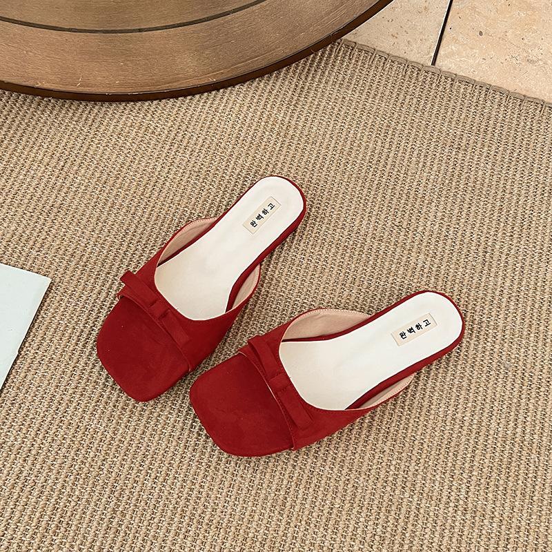 

Французские шлепанцы с открытым носком одним словом женская обувь 2025 лето новая простая одинарная обувь бант мягкая подошва для выхода крутые шлепанцы 40 красный