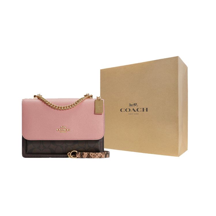 Coach Klare 22 Vintage Print Flap Closure Coated Canvas Leather Crossbody Bag Women bags Brown Pink C7589-IMTL9