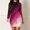Women Plus Size Round Neck Long Sleeve Red Black Printed Bodycon Mini Dress