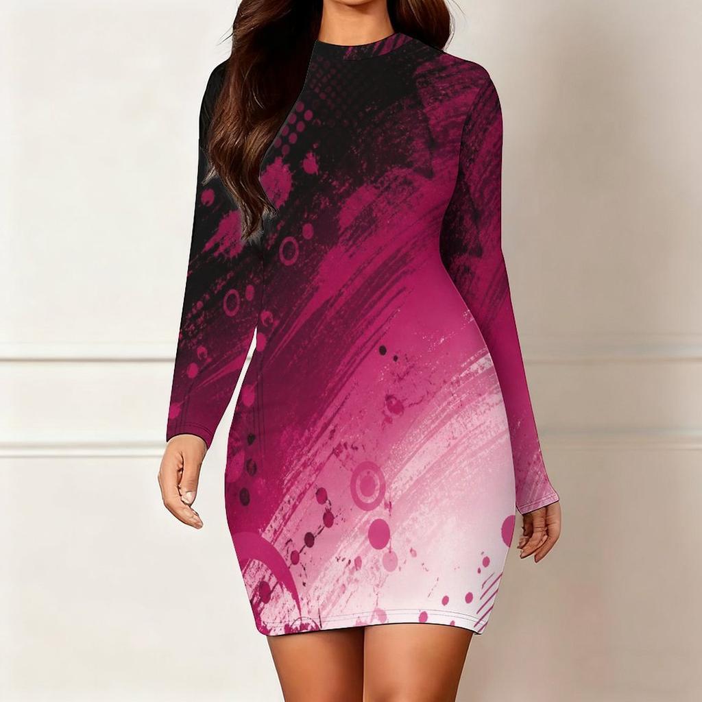 Women Plus Size Round Neck Long Sleeve Red Black Printed Bodycon Mini Dress