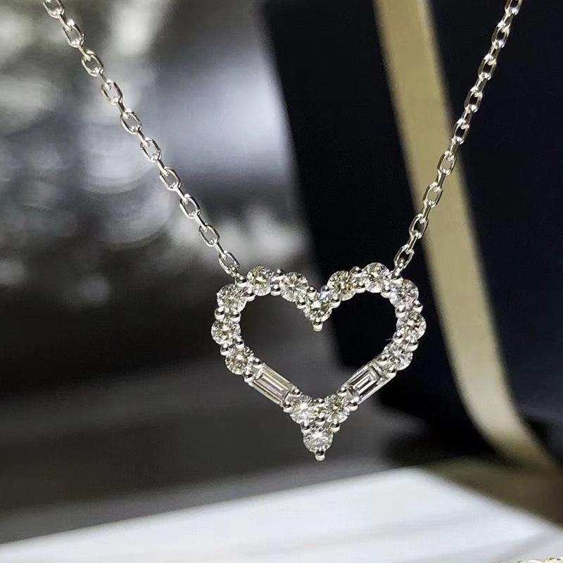 Silver Plated Hollow Heart CZ Pendant Necklace, Sparkling Round & Baguette Cut Cable Chain Necklace for Women
