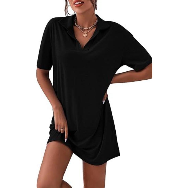 

Summer Collar Short Sleeved Dresses Casual Loose Women s Dress S чорний