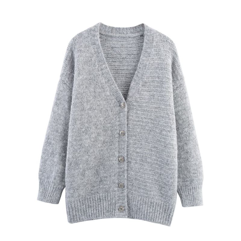 Kaslead New Women clothes Western Style Fashion Simple Sequins Sweater V-neck Cardigan Long sleeve