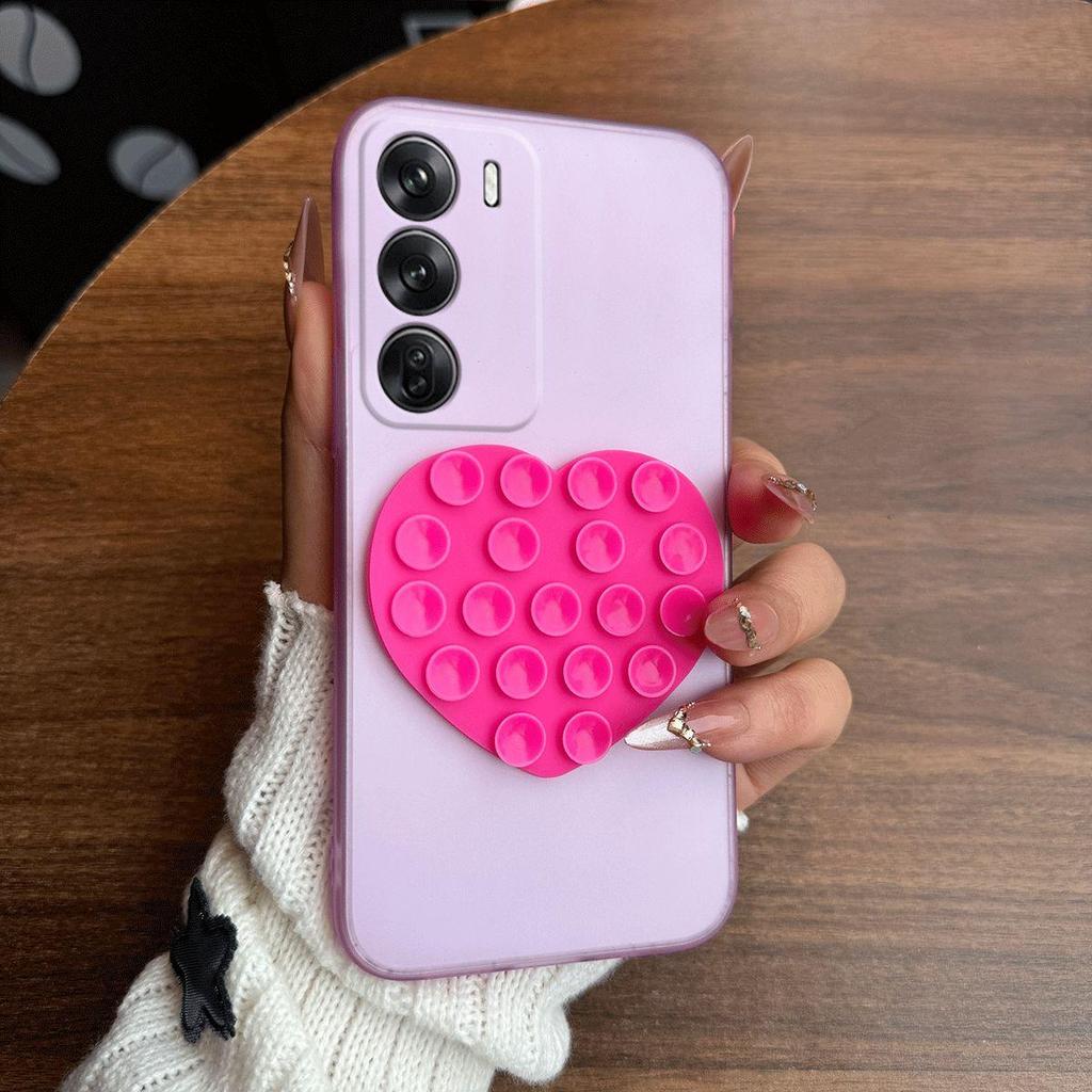 Heart Shape Suction Cup Phone Case for OPPO Reno12 Pro 5G,Reno12 5G Semi Transparent Matte Shockproof Soft TPU Cover