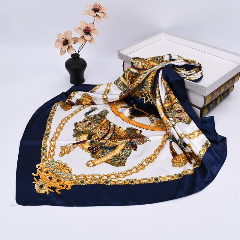 Luxury Silk Shawl Square Scarf Women Print Headband Foulard Satin Hijab Hair Bands Neckerchief Female Head Wraps Bandana 90Cm