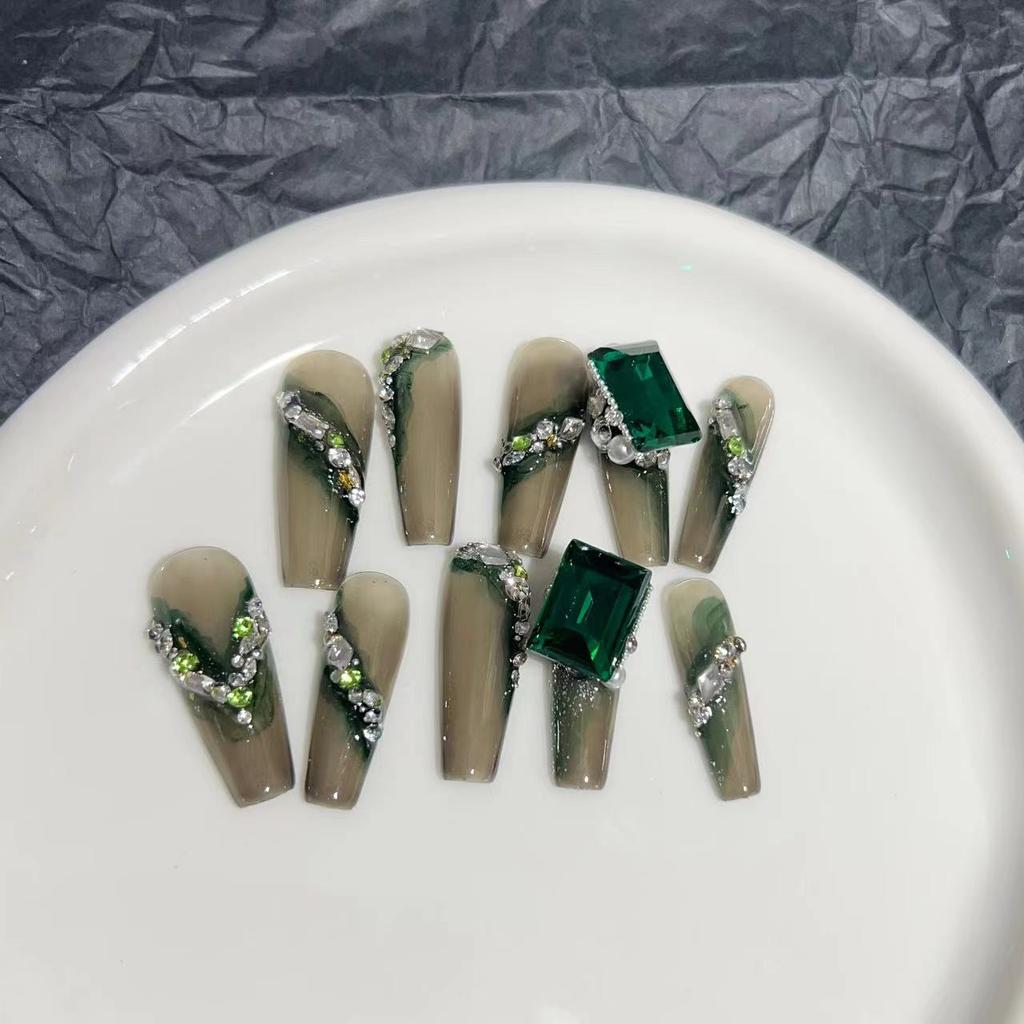 Wearing Armor Pure Handmade Manicure Finished Fake Nail Patches High-end Light Luxury Chinese Style Dark Green Square Diamond Flash K9 Diamond
