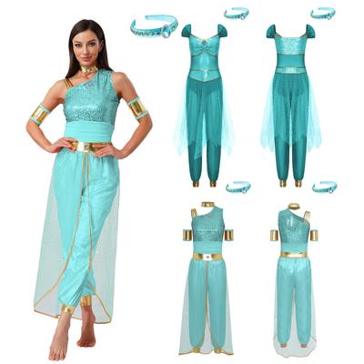 S-XXL Femei Costum de Cosplay Prințesă Arabă Salopetă Dans din Buric cu Accesoriu de Păr și Mâneci Detașabile Decorațiuni cu Pietre Tulle Suprapus Salopetă Costum de Halloween