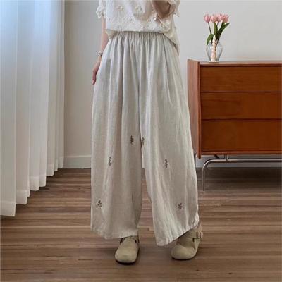 Japanese Forest Embroidered Wide Leg Pants Women Summer Loose Versatile Straight Cropped Pants